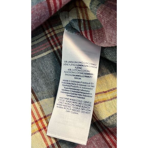 Chaps Plaid button down Henley linen blend top - Picture 7 of 7